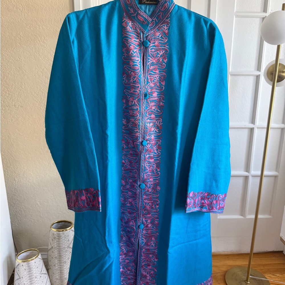 Pure Pashmina Kashmiri Aari Embroidery Long Jacket Silk Lined M L